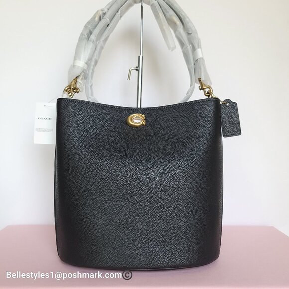 COACH Willow Polished Pebbled Leather Bucket Shoulder Bag- Black ⭐ - Picture 2 of 16